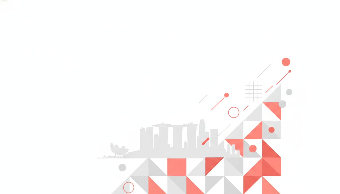 Abstract geometric Singapore skyline illustration with coral accents for Hashmeta services hub
