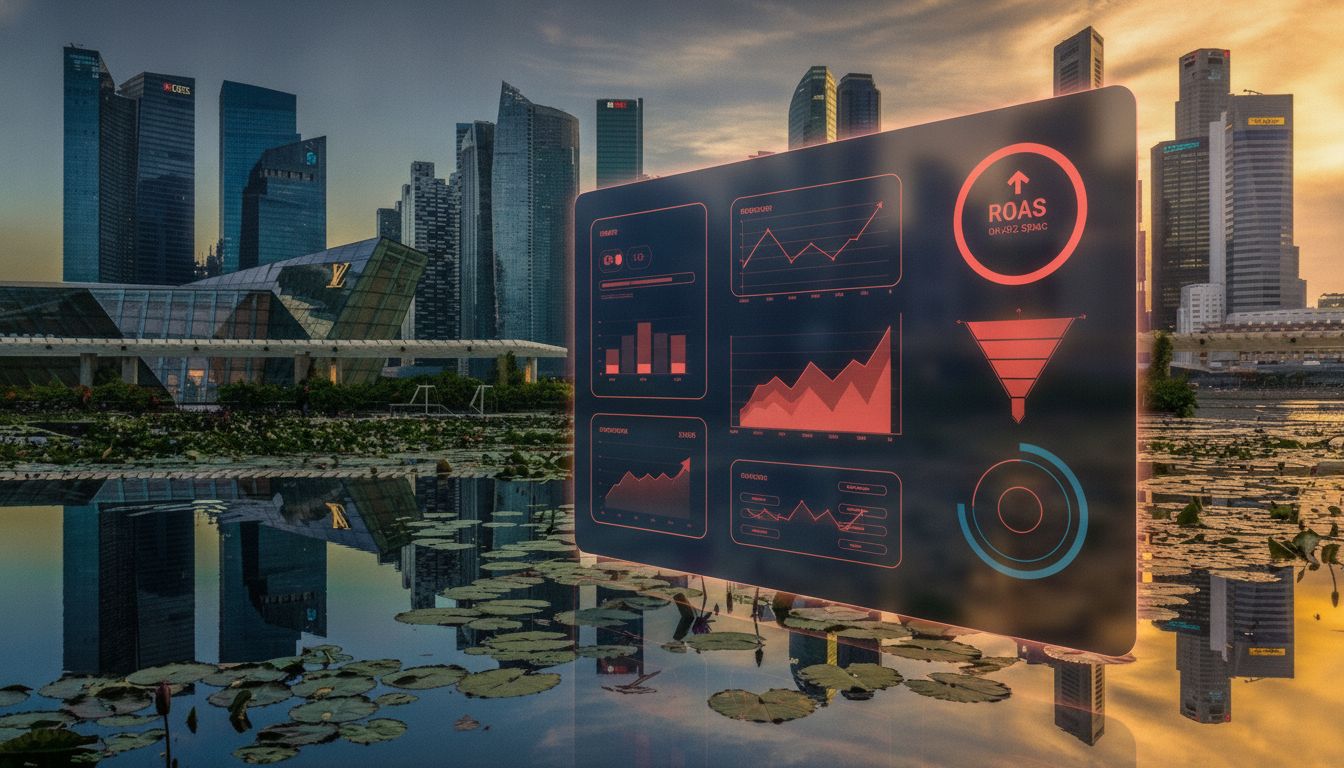 Singapore skyline with abstract performance marketing dashboard and analytics visualisations