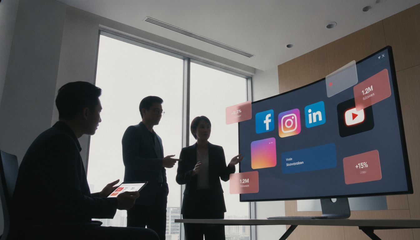 Singapore social media marketing team reviewing multi-platform campaigns and engagement metrics