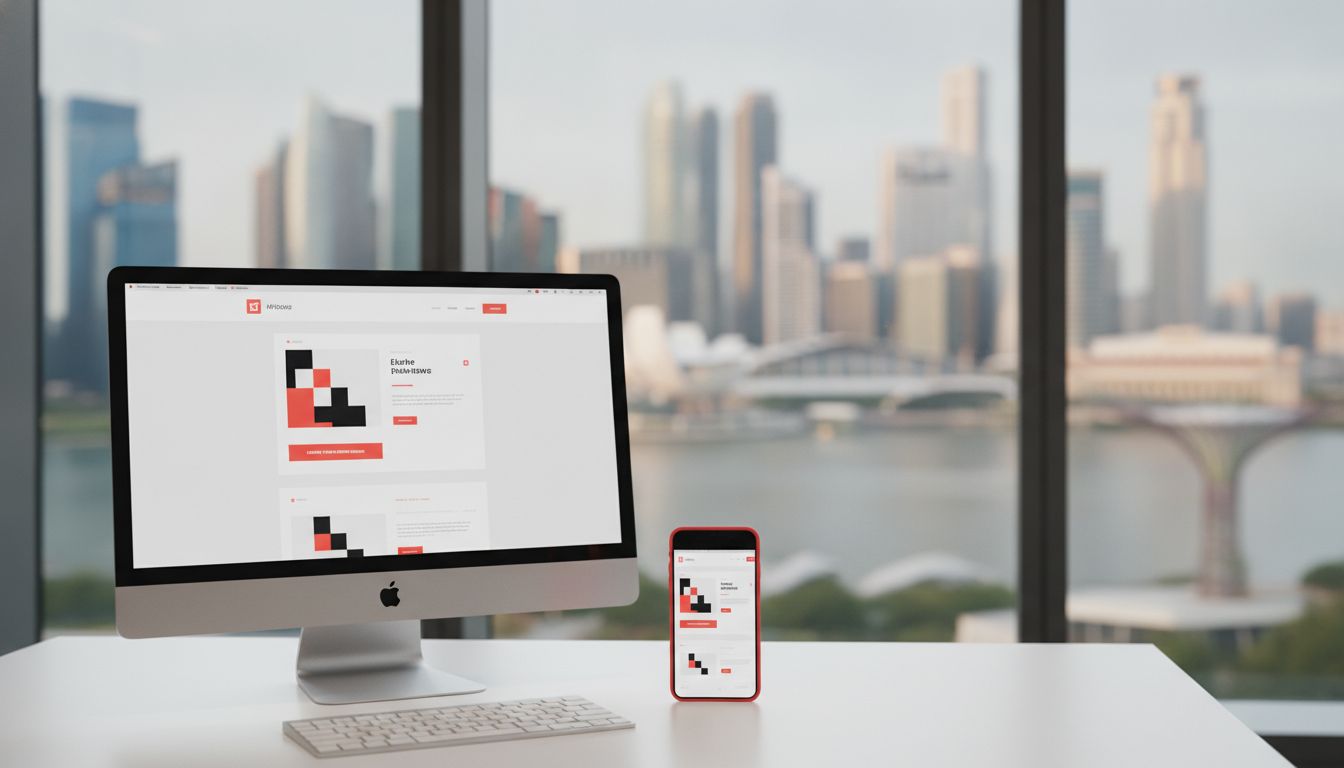 Modern Singapore web design workspace showing responsive website mockups with Marina Bay skyline
