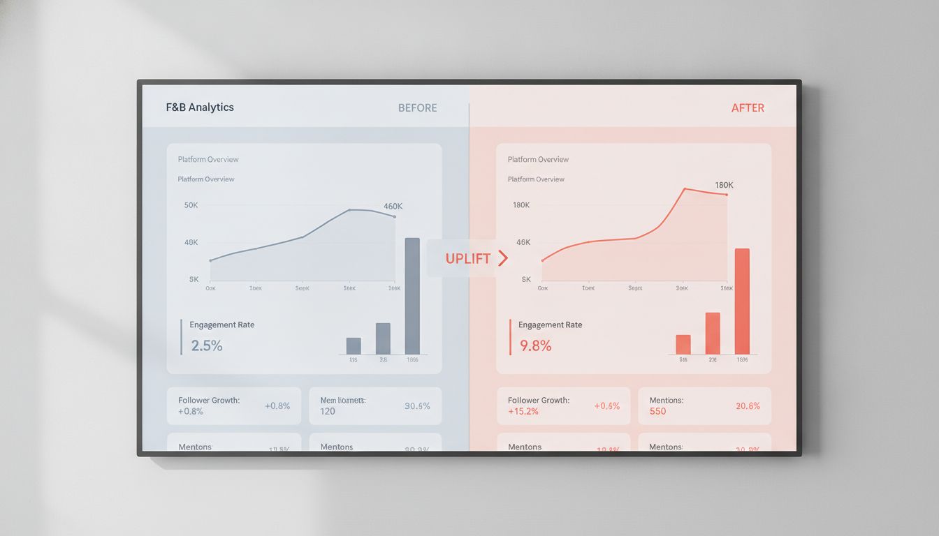 Social media performance dashboard showing engagement and revenue growth metrics