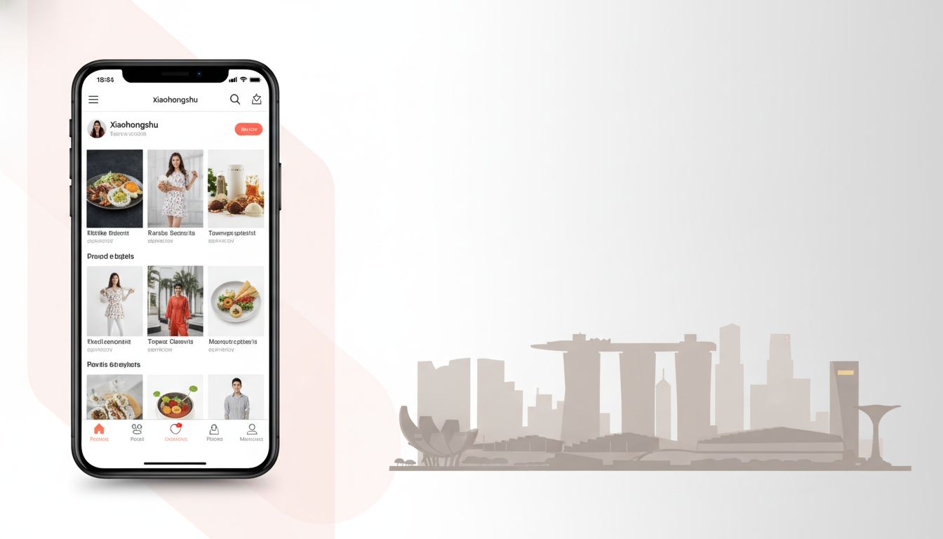 Xiaohongshu app interface alongside Singapore skyline landmarks